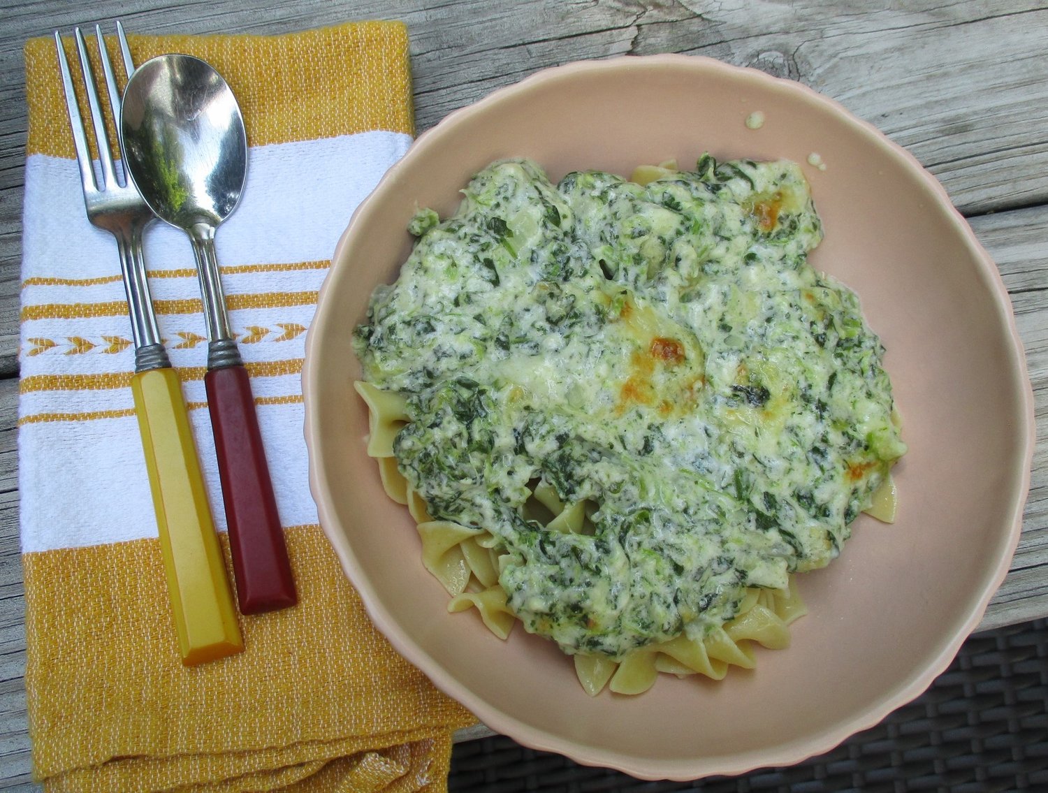 Cheesy creamed spinach on egg noodles.